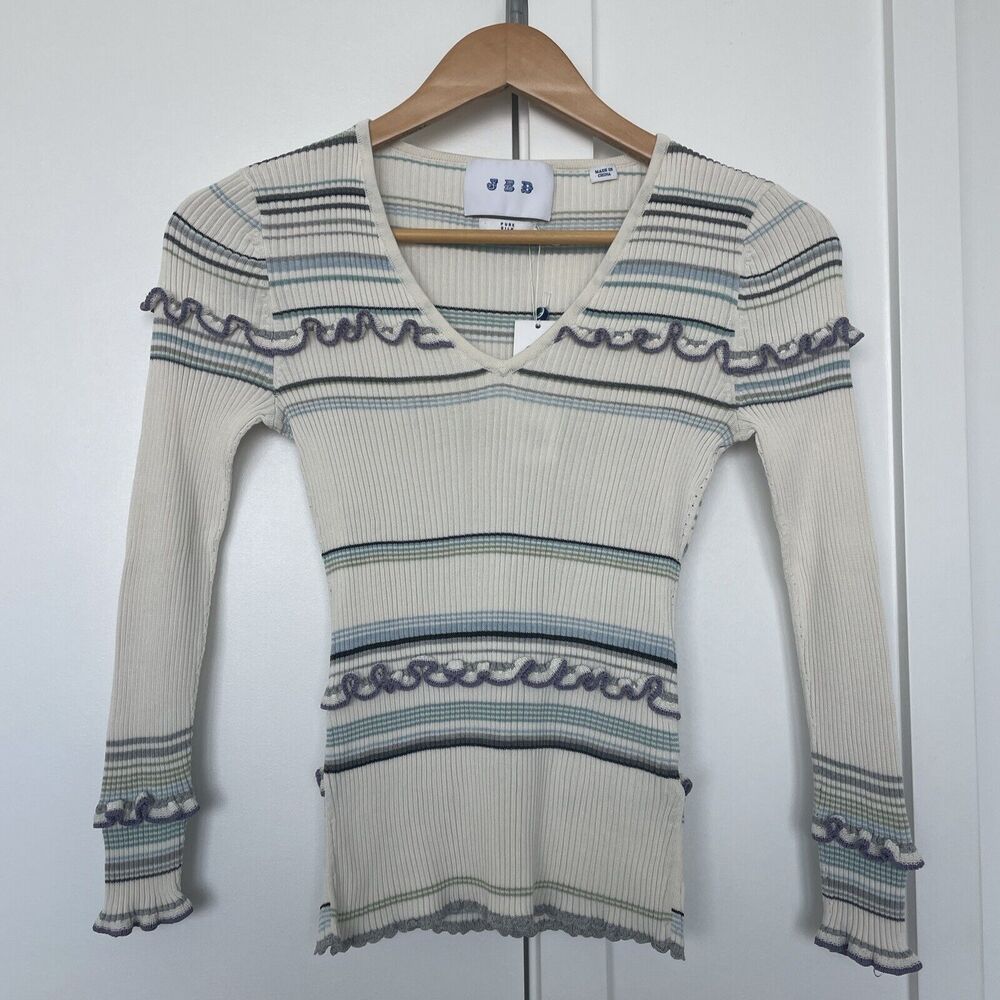 New JED Women Cream Blue Pure Washable Silk Pullover Sweater Ruffle Small